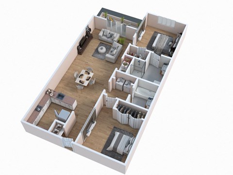 Floor plan for 2 beds, 2 baths, 987 sqft